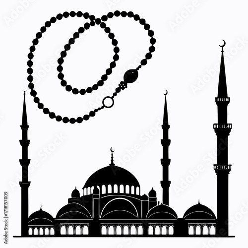 Islamic Mosque Silhouette with Prayer Beads architecture