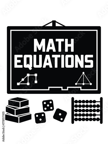 Math equations blackboard with school supplies and dice