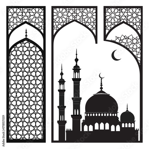 Islamic mosque silhouette with star patterns and crescent moon