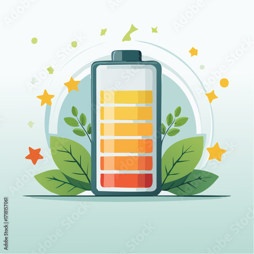 Eco-friendly battery with full charge, surrounded by leaves and stars.