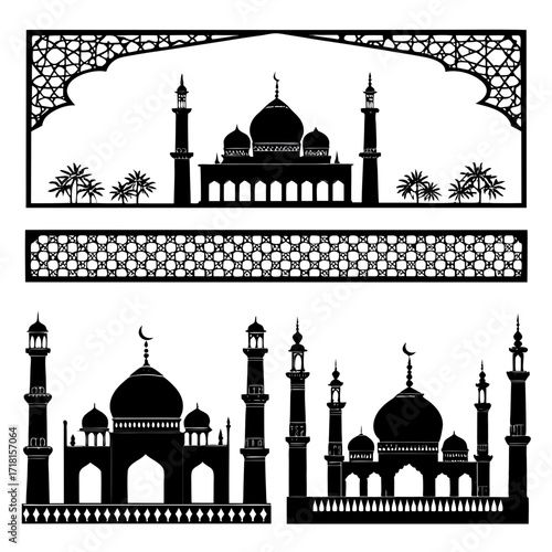 Islamic Mosque Silhouettes and Decorative Borders architecture