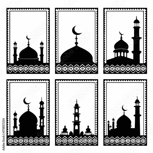 Islamic Mosques Silhouettes with Crescent Moon Frames