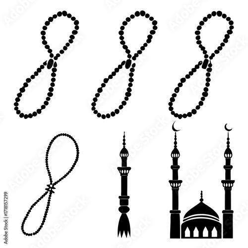 Islamic prayer beads and mosque silhouette icons rosary