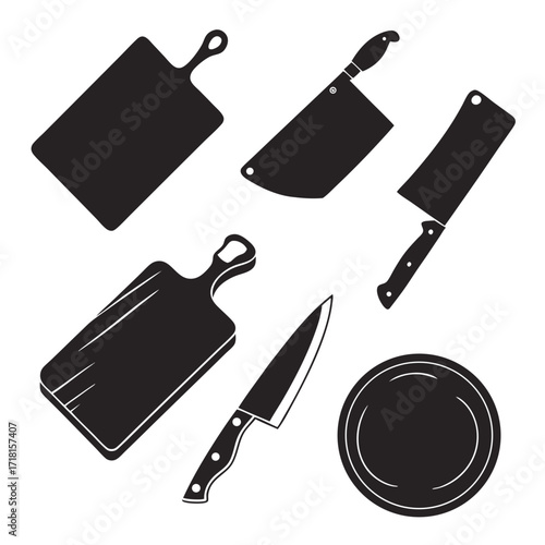 Kitchen Knife and Chopping Board Silhouettes Assortment Keywords: kitchen, knives, chopping