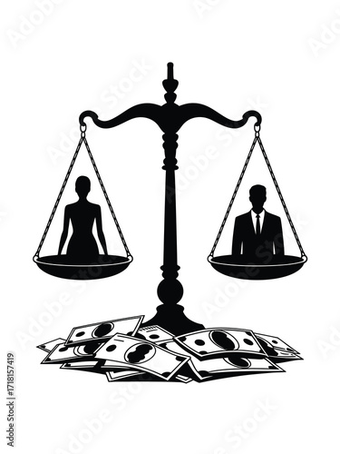 Scales of justice balancing man woman and money