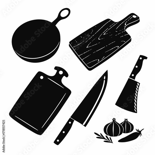 Kitchen Utensils and Ingredients Silhouettes cutting board