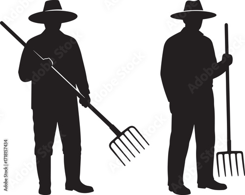 Two farmers with pitchforks silhouette