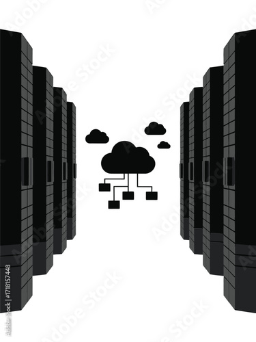 Server racks flanking a cloud computing network diagram
