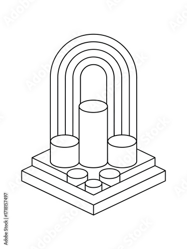 Abstract geometric podium display with layered arches and platforms