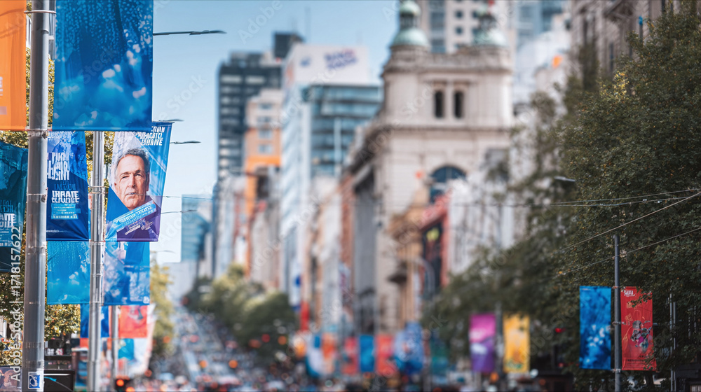 Obraz premium Busy cityscape view featuring banners hanging from poles, creating a vibrant urban atmosphere. Ideal for illustrating city life, culture, or advertising concepts.