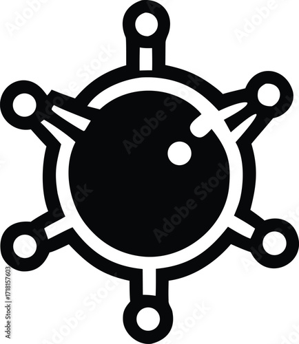 Abstract geometric molecule symbol with six radial connections and central sphere for scientific and tech concepts