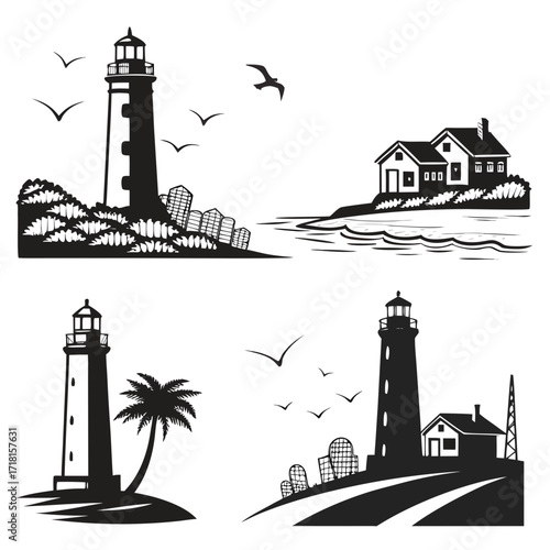 Lighthouse Scenes With Coastal Elements And Birds ocean