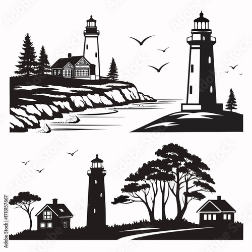 Lighthouses and Coastal Landscapes Black and White Silhouettes Keywords: lighthouse, coast