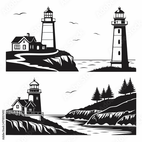 Lighthouses on rocky coastlines with seabirds and ocean