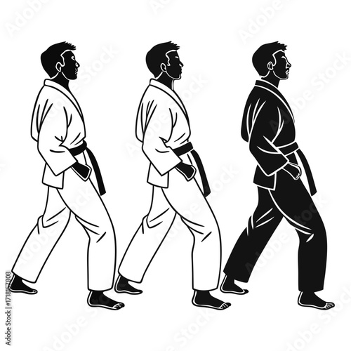 Martial arts walking progression black and white silhouettes