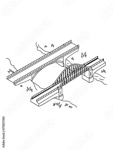 Architectural drawing of two different bridge designs crossing a river