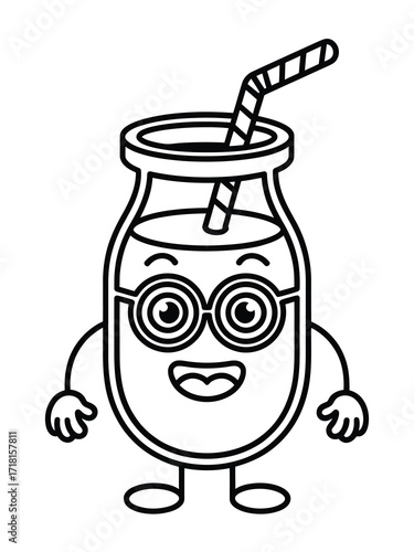 Cute cartoon juice bottle character wearing glasses and holding a straw