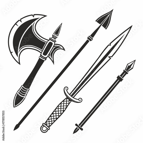 Medieval Axe Sword and Spear Silhouettes on White Background