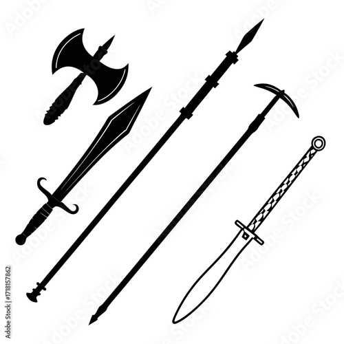 Medieval Combat Weapons Axe Sword Spear Keywords: medieval, weapon, axe, battle axe, sword
