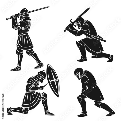 Medieval Knights in Combat Poses Silhouette warrior