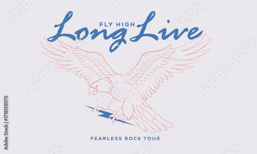 Rock and roll graphic print design for apparel, stickers, posters and background. Eagle fly vector artwork design for shirt and others.