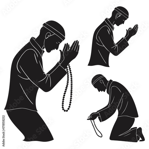 Muslim men praying in different poses with prayer beads Keywords: muslim, man, praying, prayer