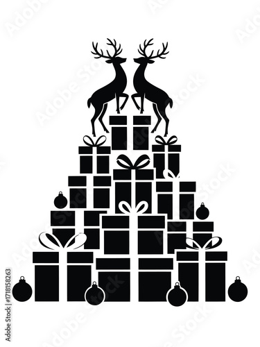 Christmas tree made of presents with reindeer silhouette