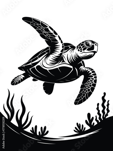 Black and white illustration of a sea turtle swimming underwater