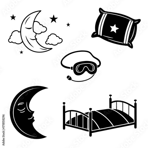 Night and sleep icons featuring moon pillow mask and bed