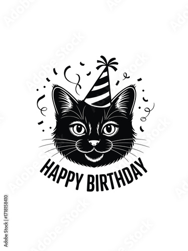 Black cat wearing a party hat celebrating a happy birthday