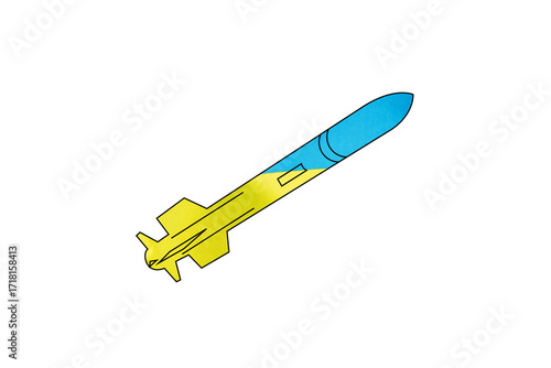 A rocket drawn on a white background close-up in the colors of the Ukrainian flag