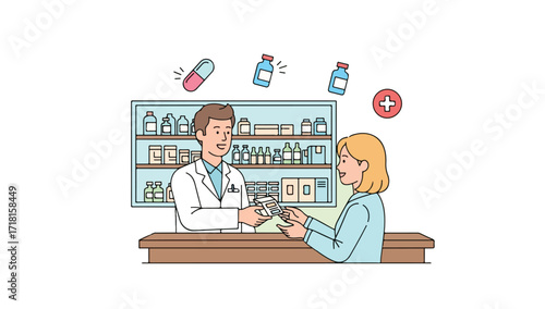 Pharmacist assisting customer, dispensing medication at pharmacy counter.