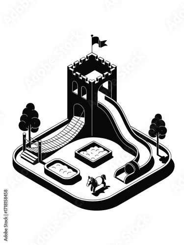 Black and white illustration of a fantasy castle playground with slides and swings
