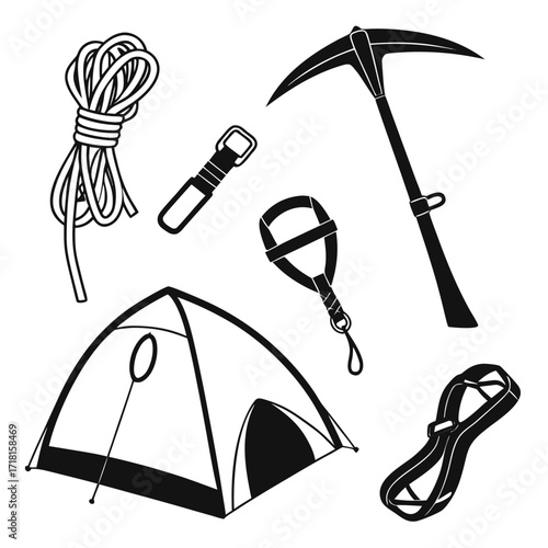 Outline illustration of camping and climbing equipment