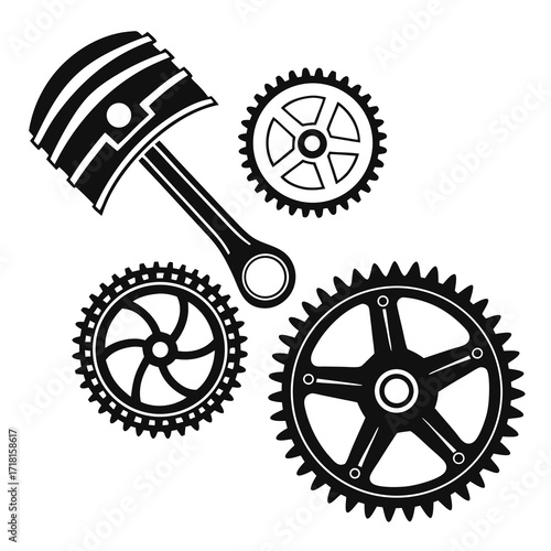 Piston and Assorted Gears Mechanical Illustration connecting rod