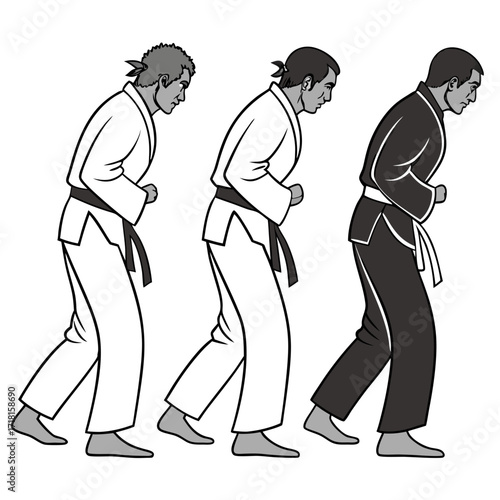 Progression of martial artists in a forward stance black and white
