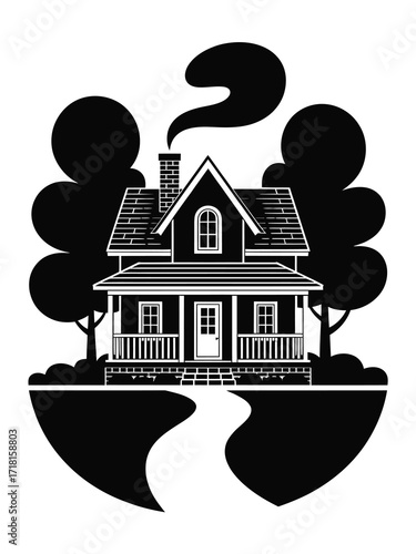Cozy home with smoke coming from chimney and trees
