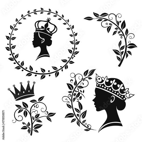 Royal Silhouettes with Floral Wreaths and Crowns woman