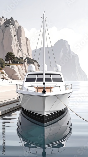 White boat docked at a calm harbor