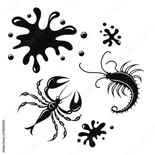 Scorpion and Sea Creature Silhouettes with Splatters