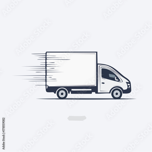 A minimalist illustration of a white delivery truck in motion, with speed lines indicating rapid movement against a light gray background.
