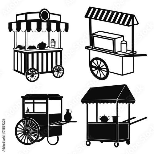 Set Of Four Vintage Food Carts With Awnings And Containers
