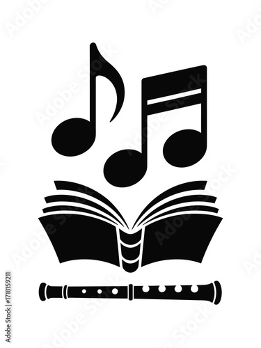 Open book with musical notes and recorder silhouette