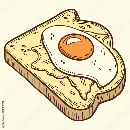 Illustration of a toast with fried egg on top, delicious breakfast meal