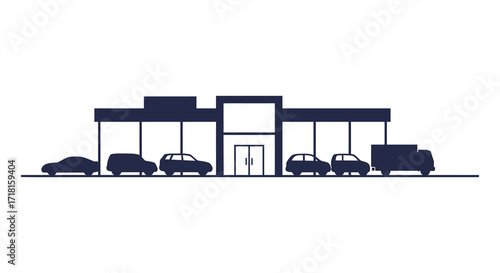 Simple illustration of a gas station with vehicles parked for refueling