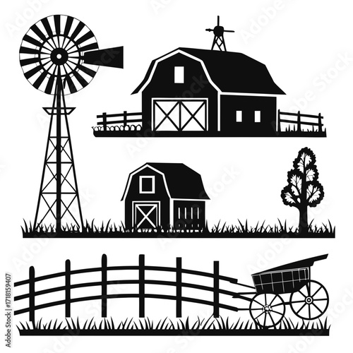 Silhouette farm scene with windmill barn and cart fence