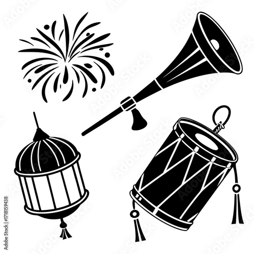 Silhouette icons of drum, horn, lantern, and fireworks for celebration