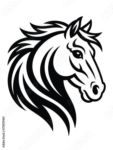 Stylized black and white illustration of a horse head with flowing mane