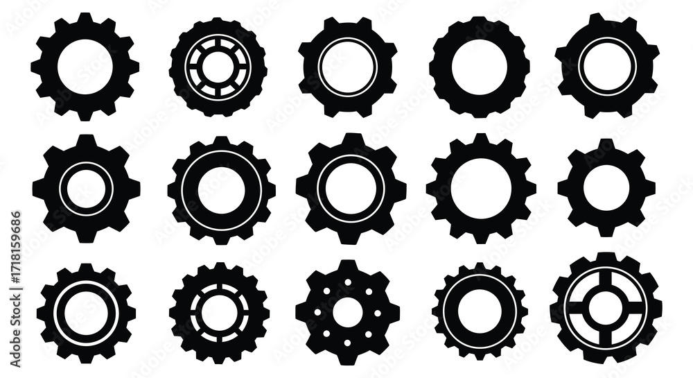 Obraz premium A collection of black gears and bearings arranged in a grid pattern