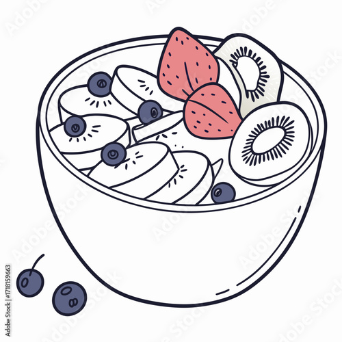 Illustration of a fruit bowl with strawberries, bananas, kiwi, and blueberries